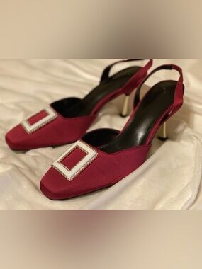 Elegant Raspberry Satin Slingback Heels with Crystal Buckle size 8 NIB WOMEN’s